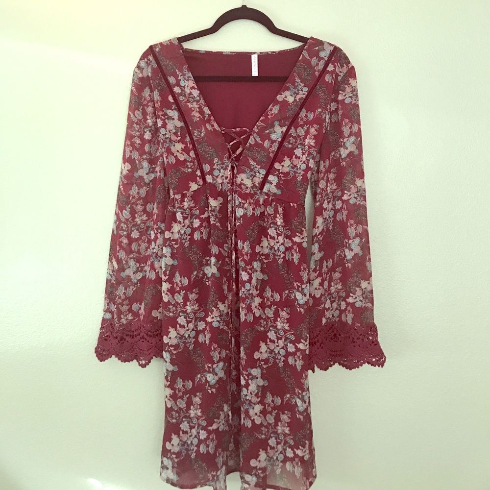Burgundy Dress with velvet accents